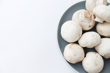 mushrooms on a white background. fruits from the forest. natural food. vegan food. mushrooms on a gray plate