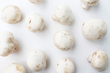 white champignons close-up, vegetarian food, natural food