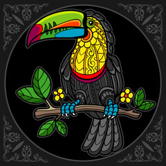 Colorful toucan bird zentangle arts isolated on black background.