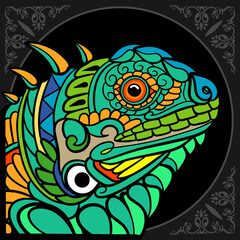 Colorful iguana head zentangle arts isolated on black background.