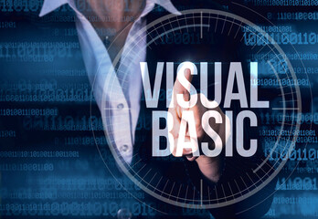 usiness Woman with finger pressing Visual Basic button on virtual screens. Modern technology concept

