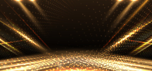 Elegant golden stage diagonal glowing with lighting effect sparkle on black background. Template premium award design.