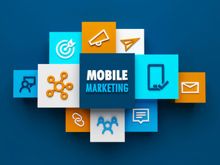 Fototapeta na wymiar 3D render of top view of MOBILE MARKETING business concept with colorful cubes on dark blue background