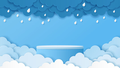 Paper cut of blue color cylinder podium and clouds with raindrops for products display presentation. Vector illustration.