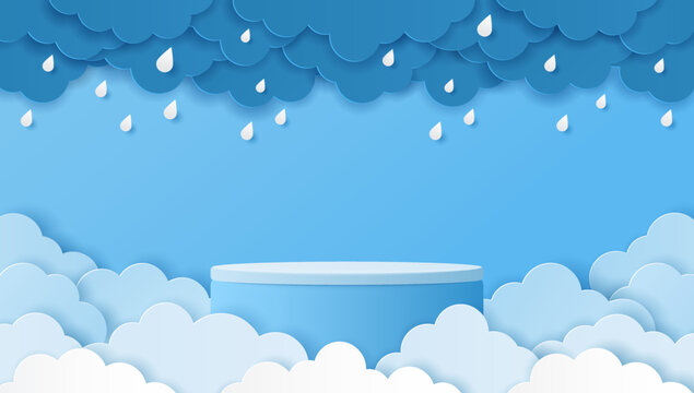 Paper cut of blue color cylinder podium and clouds with raindrops for products display presentation. Vector illustration.