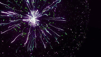 Concept for power, electricity, science and physics. Animation. Beautiful abstract lightning and bright light in energy ball with zippers on the black background.