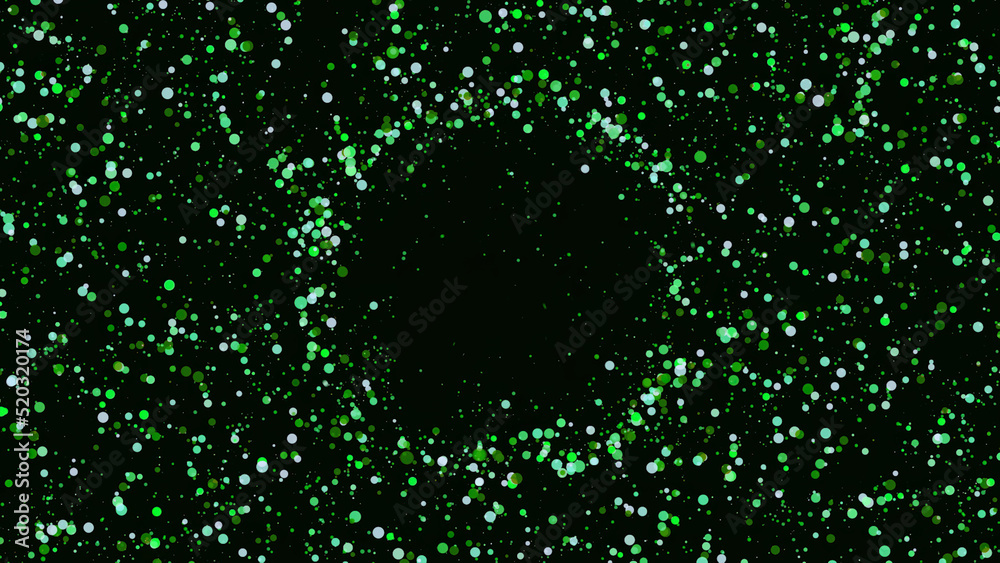 Poster Colorful dots create circle on black background. Animation. Background of colored dots randomly moving creates circle in center on black backdrop. Festive coloring of points with center for insertion