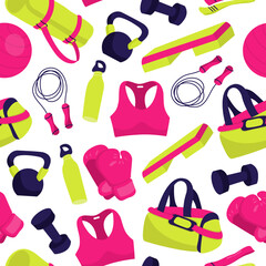 Various Sport equipment seamless pattern. Fitness inventory, gym accessories. Dumbbells, fitness tracker, sport bag, mat, boxing gloves. Healthy lifestyle concept. Hand drawn Vector set 