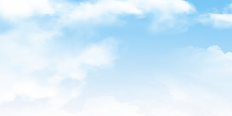 Blue sky in the soft white clouds. Natural cloudscape background, texture. Wide Horizontal Wallpaper With Copy Space