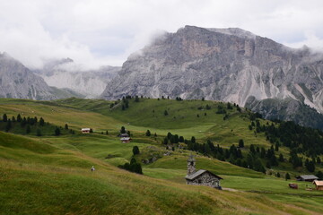 Fototapeta na wymiar Val Gardena One of the most beautiful valleys in the Dolomites. The colors and the contrasts make the landscape 