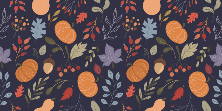 Dark autumn seamless pattern with pumpkins, plants, leaves, acorns