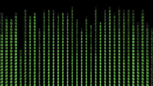 Background of matrix with binary lines. Motion. Lines of changing numbers on black background. Hacker background with the effect of matrix and columns of numbers on black background
