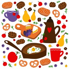 Breakfast. Drawing in doodle style. Kettle, scrambled eggs, cookies, cheese, fruit. Cute background. - 520322914