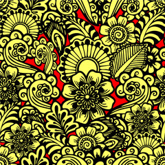 seamless black graphic pattern on a yellow background, oriental motifs, texture, design