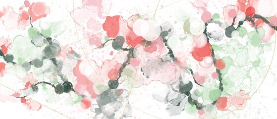 ミニマル抽象横長背景）赤と緑とピンクのアルコールインクアートと金色の幾何学模様　流動体　煙