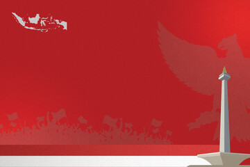 Indonesia Independence Day Template Background simple Paper Effect with Monas Landmark 3d and Indonesia  Country Map. Red Background Template Paper Effect Simple with Garuda and People Euphoria.