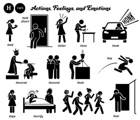 Stick figure human people man action, feelings, and emotions icons alphabet H. Hold, door, holler, hone, honk, honored, hook, hop, hope, horrify, and host.