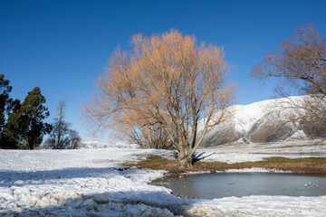 Lake Camp in winter, Ashburton Lakes region, Canterbury.