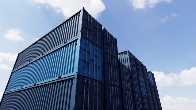 Dolly zoom in the stack of blue container boxes with sky background. Cargo freight shipping for import and export logistics. Business and transportation concept. 3D illustration rendering