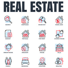 Fototapeta premium Set of Real Estate icon logo vector illustration. House pack symbol template. house, family, dream house, realtor and more for graphic and web design collection