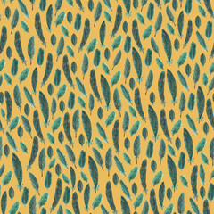Watercolor pattern small emerald feathers on a mustard background