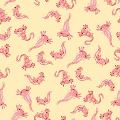 Watercolor pattern axalotls on a light yellow background