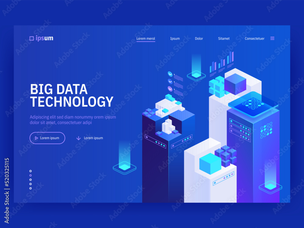 Poster big data technology. information storage and analysis system in isometric vector illustration. digit