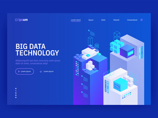 Big data technology. Information storage and analysis system in isometric vector illustration. Digital technology website landing page template.
