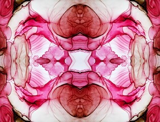 Abstract Ink Art. Kaleidoscope Butterfly. Red Alcohol Ink Art. Seamless Flower. Stained Glass Modern. Rose Kaleidoscope Food. Bright Marble Grunge.