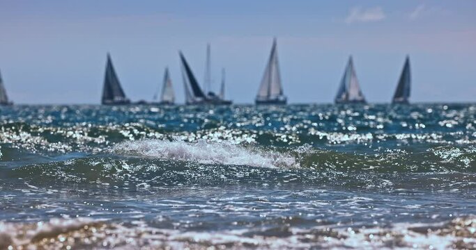 Sailing wind boats and sea waves. Summer regatta competition in Varna, Bulgaria
