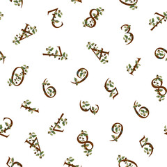 Number seamless pattern. Rusty floral number monograms 0 – 9 with twigs on white. Watercolour illustration. For textile, wrapping paper, scrapbooking, stationery and packaging design