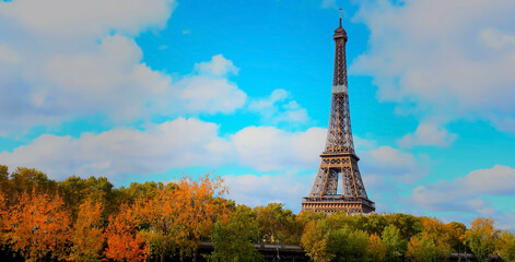 Banner travel with romantic view in Autumn  season of an Eiffel Tower and boats on Seine river in Paris, France.
