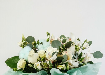 Bouqet, Flower background, different roses chrysanthemum lisiant