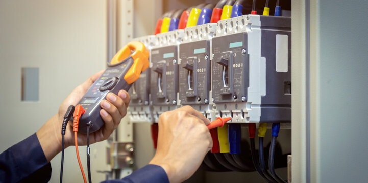 Electrical engineer using measuring equipment to checking electric current voltage at circuit breaker and cable wiring system , Electrical service concept .