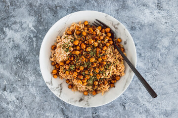 healthy plant-based food, vegan noodles with moroccan style spicy chickpeas