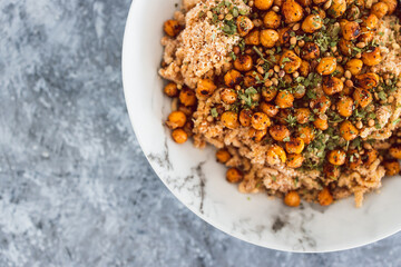 healthy plant-based food, vegan noodles with moroccan style spicy chickpeas