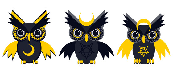 Cute gothic owl flat illustration. Gothic design for Horror or Halloween. Vector isolated on white background.