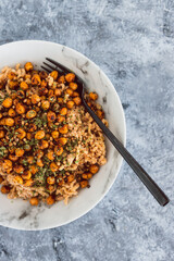 healthy plant-based food, vegan noodles with moroccan style spicy chickpeas