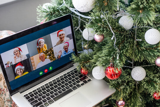 Virtual Christmas Day House Party. Video Conferencing, Video Call Via Computer In The Home Office. Online Team Gift Opening Conference Calling.