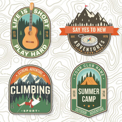 Set of camping badges. Vector illustration. Concept for shirt or logo, print, stamp or tee. Vintage typography design with compass, guitar, camping climber, tent, mountain and forest silhouette.