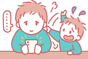 スマホを見ている大人に話しかける子供のイラスト