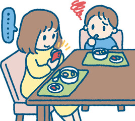 食事中にスマホを見る大人と不満そうな子供のイラスト