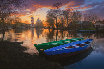 Boats in spring at dawn in the city of Pereslavl-Zalessky. Russia