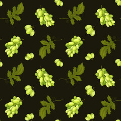 Grape. Seamless Pattern with Bunches of Green Grapes and Leaves. Bright Juicy Grape Berries. The illustration is hand drawn. Design for Packaging, Wine labels, stationery.