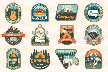 Set of camping badges Logo Patch. Vector illustration. Concept for shirt or logo, print, stamp or tee. Vintage typography design with guitar, man in canoe, lake, compass, camper rv , tent and forest