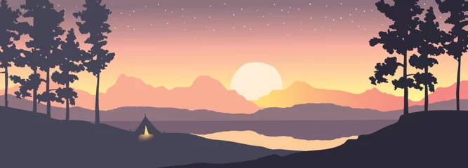 Photo sur Plexiglas Lavende Paysage abstrait avec montagnes et sapins. Illustration vectorielle, fond d& 39 écran sur l& 39 aventure et les voyages.