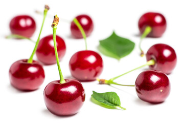 Cherry isolated. Sour cherry. Cherries with leaves on white background. Sour cherries on white