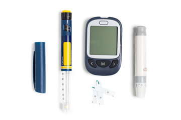 Measuring blood sugar. Glucometer with insulin pen on a white background. Isolate.