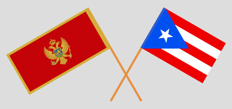 Crossed flags of Montenegro and Puerto Rico. Official colors. Correct proportion