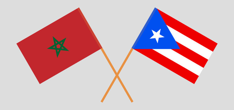 Crossed flags of Morocco and Puerto Rico. Official colors. Correct proportion